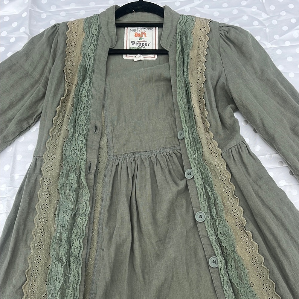 Green Button-Up Dress with Lace Trim